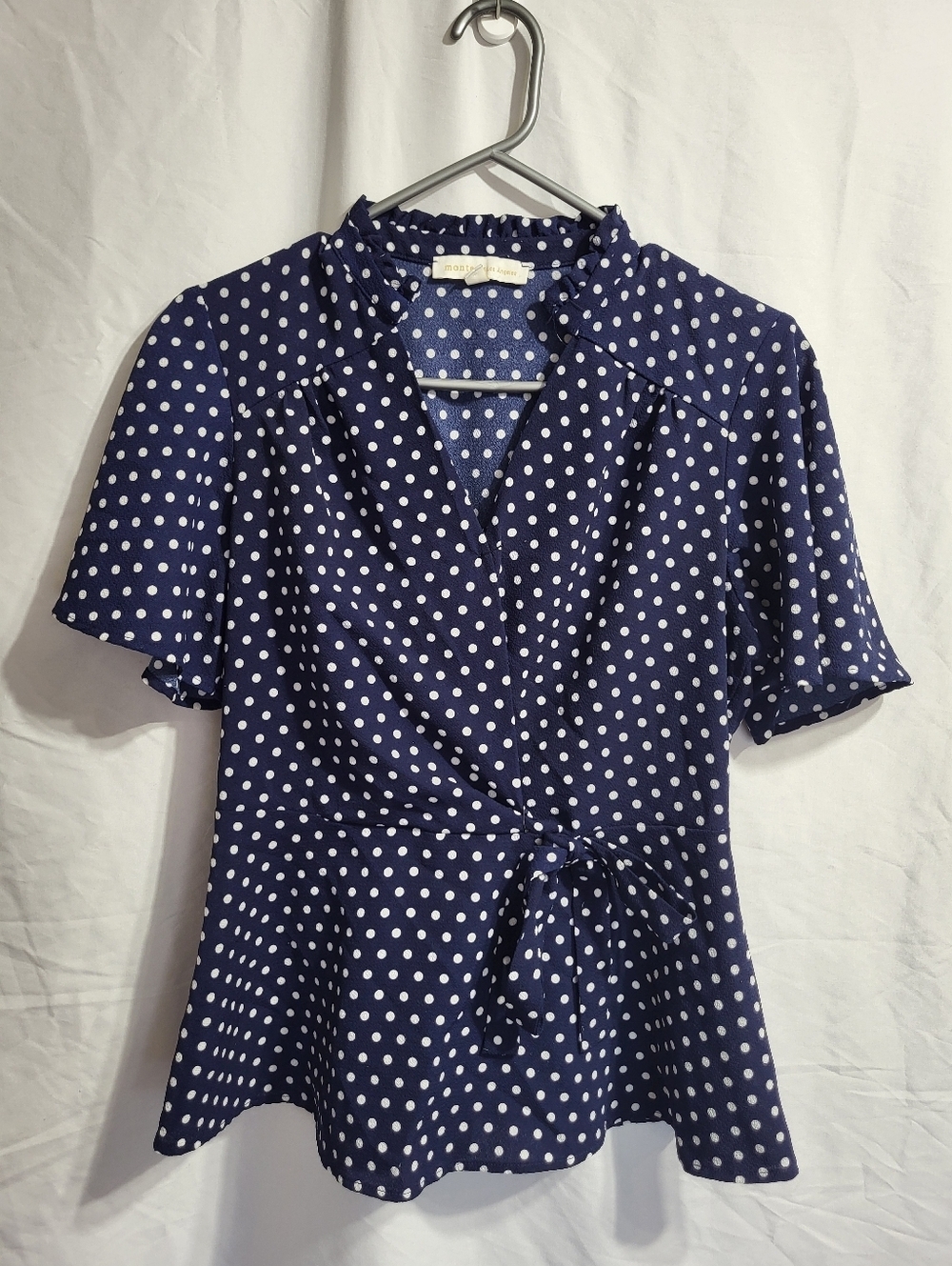 Navy Polka Dot Wrap Blouse with Tie, Size Medium, See Messurements